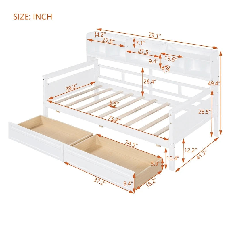 Twin Daybed with Storage Drawers & Shelves, Solid Wood Frame