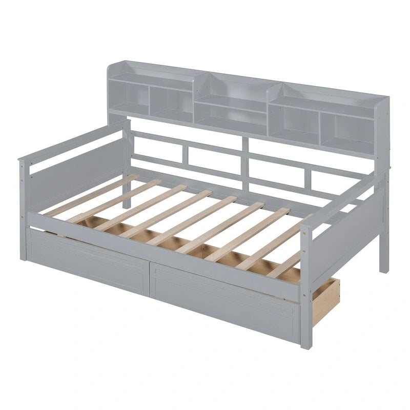 Twin Daybed with Storage Drawers & Shelves, Solid Wood Frame