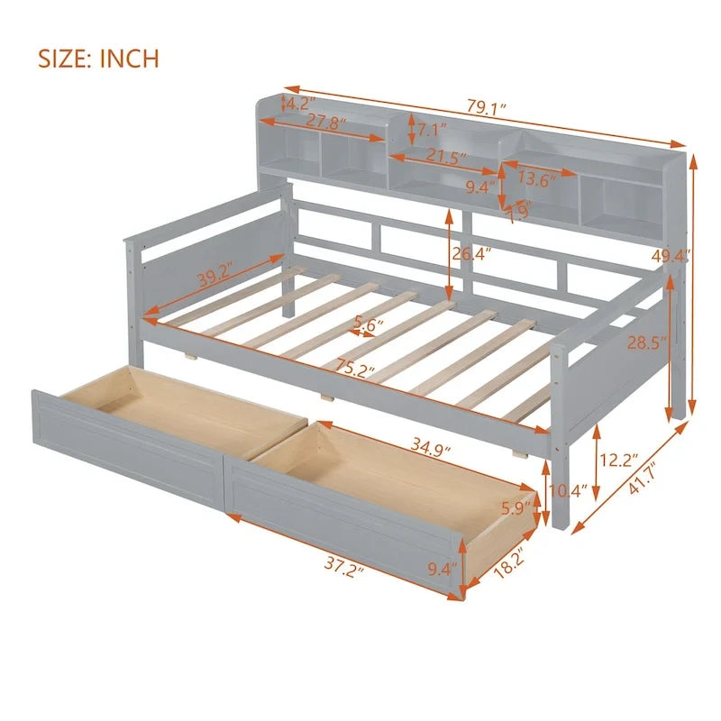 Twin Daybed with Storage Drawers & Shelves, Solid Wood Frame