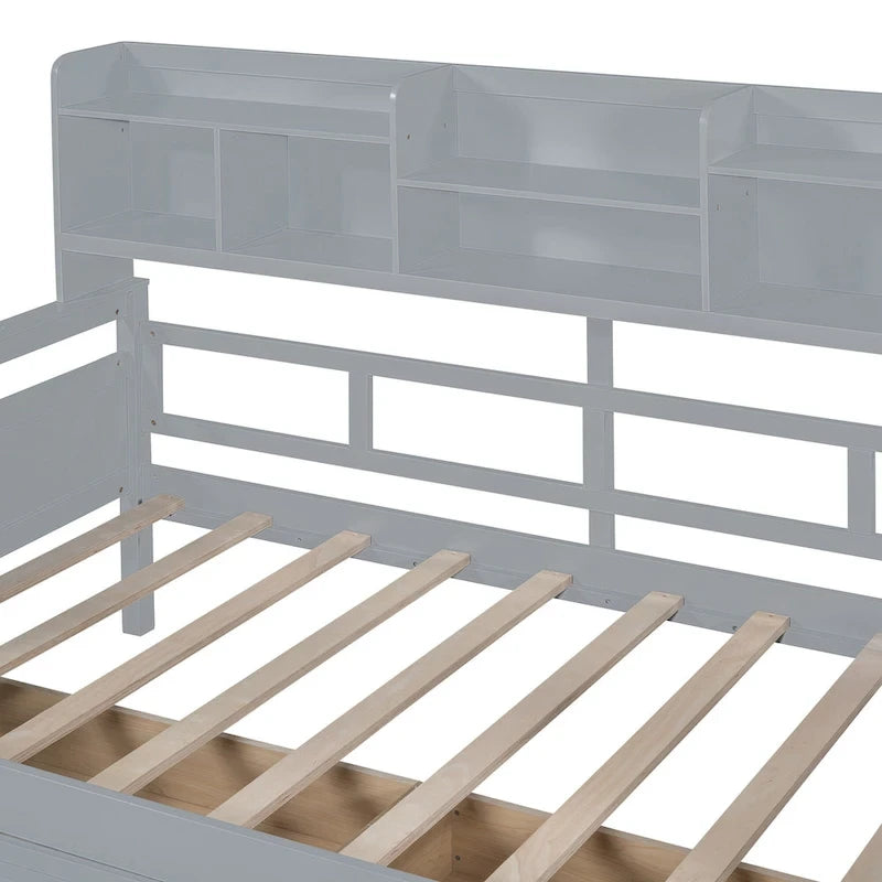 Twin Daybed with Storage Drawers & Shelves, Solid Wood Frame
