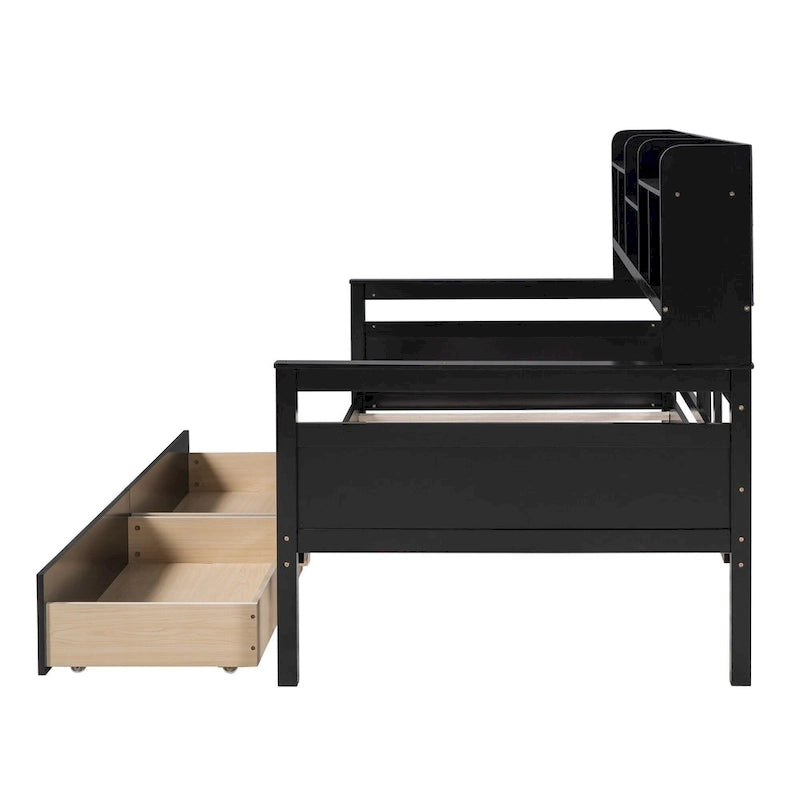 Twin Daybed with Storage Drawers & Shelves, Solid Wood Frame
