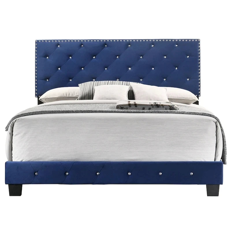 Velvet Tufted Faux Jewel Upholstered Full Panel Bed - 77 - Blue