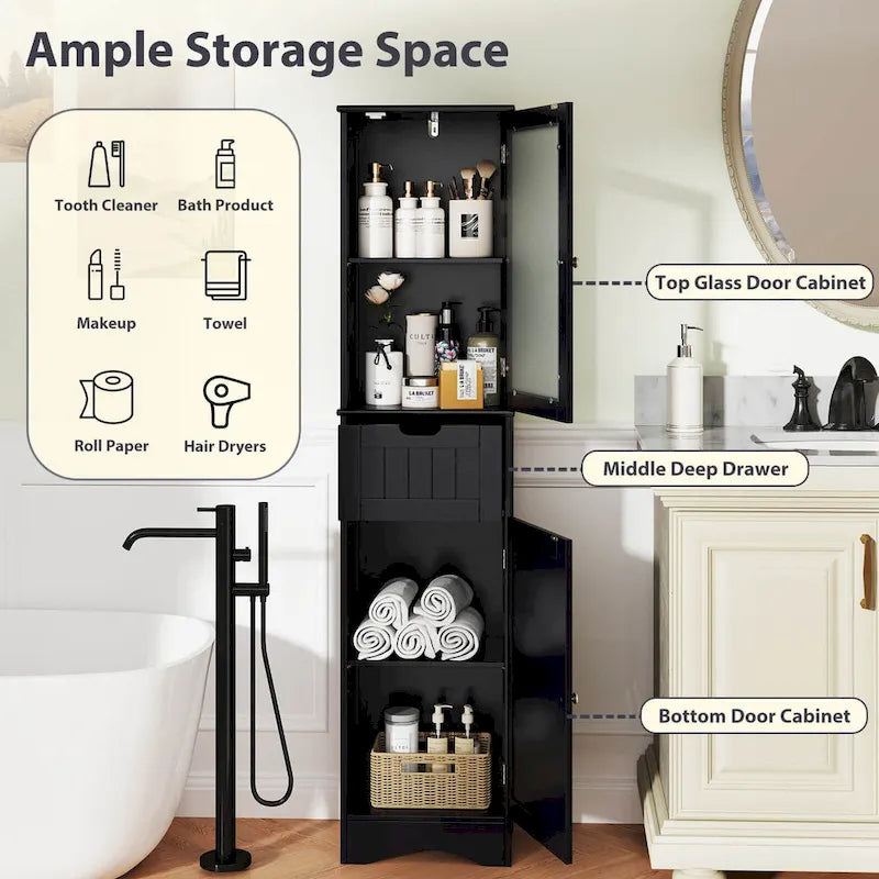 Costway Bathroom Tall Cabinet Freestanding Linen Tower with Doors & - See Details