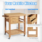 Costway Bamboo Kitchen Trolley Cart Wood Rolling Island w/ Tower Rack