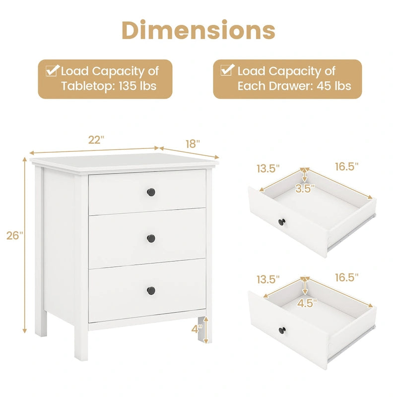 3-Drawer Wooden Nightstand Bedside Table