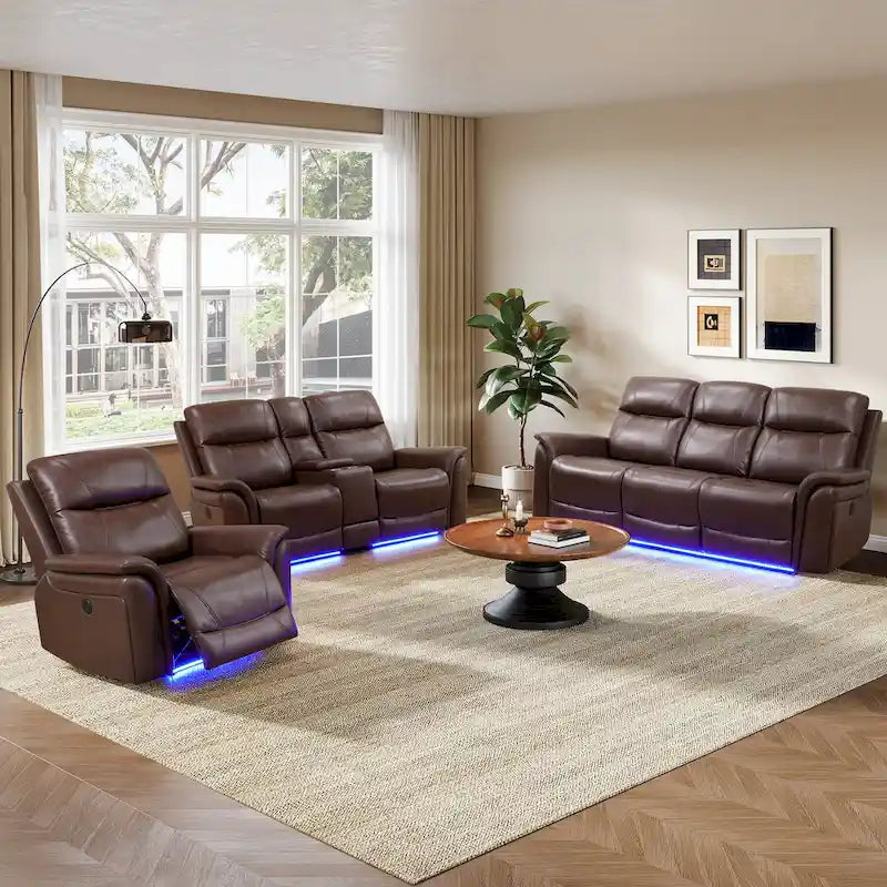 LED Breathing Leather 3-Piece Recliner Sofa Set for Living Room