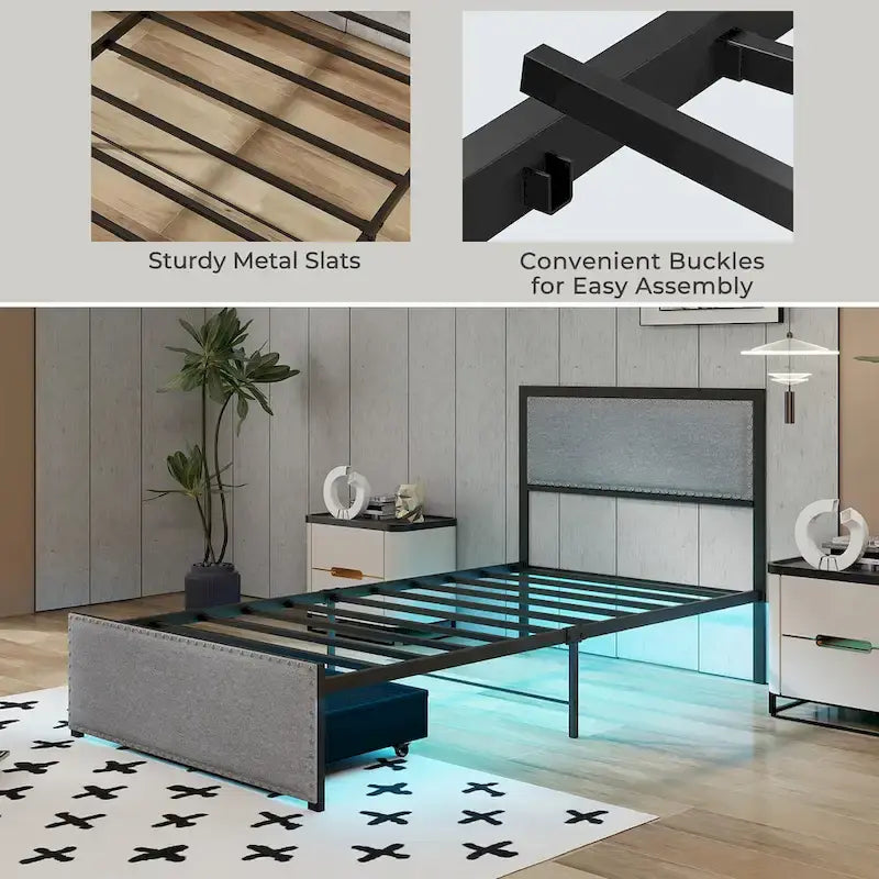 Gymax Twin Size Bed Frame w/ Storage Drawer Metal Platform Bed w/ LED