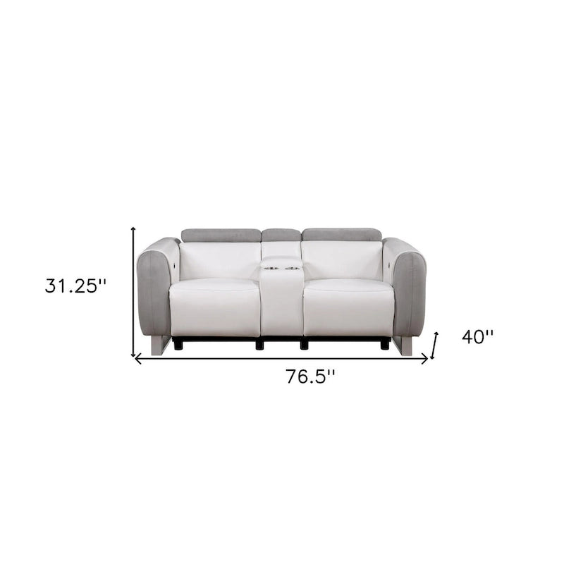 HomeRoots 77 Gray White And Silver Faux Leather and Microfiber Power Reclining Loveseat With Storage - 76.5' X '31.25' X '40