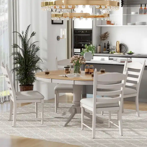 5 Piece Round Dining Table Set, Solid Wood Kitchen Table and Chair Set with Extendable Table and 4 Upholstered Chairs