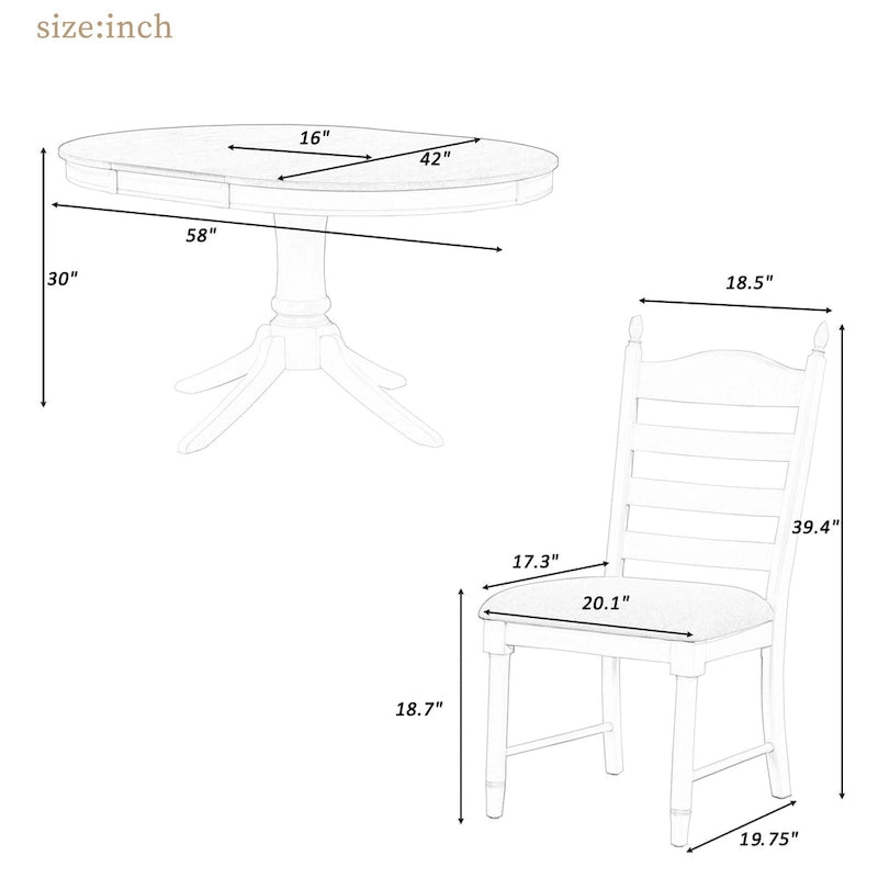 5 Piece Round Dining Table Set, Solid Wood Kitchen Table and Chair Set with Extendable Table and 4 Upholstered Chairs