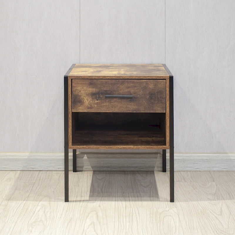 Vintage Industrial Nightstand Set of 2, Living Room Side Table with Drawers, Storage Cabinet with Open Shelves