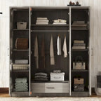 4-Door Wardrobe, Wood Free-Standing Cabinet Closet with Shelves and Drawer, Clothes Organizer for Bedroom Entryway - N/A