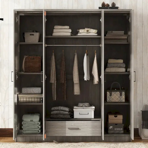 4-Door Wardrobe, Wood Free-Standing Cabinet Closet with Shelves and Drawer, Clothes Organizer for Bedroom Entryway - N/A