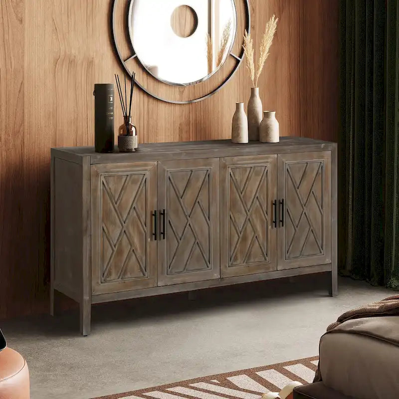 Wood Sideboard Cabinet with Pattern Door, Buffet Cabinet with Adjustable Shelves, Console Table with Solid Wood Legs