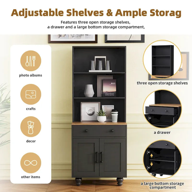 TV Stand with Bookshelves & Tempered Glass Doors, Entertainment Center with Adjustable Shelves for TVs up to 70
