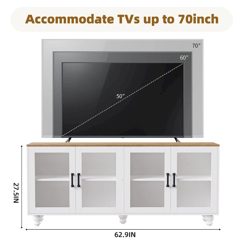 TV Stand with Bookshelves & Tempered Glass Doors, Entertainment Center with Adjustable Shelves for TVs up to 70