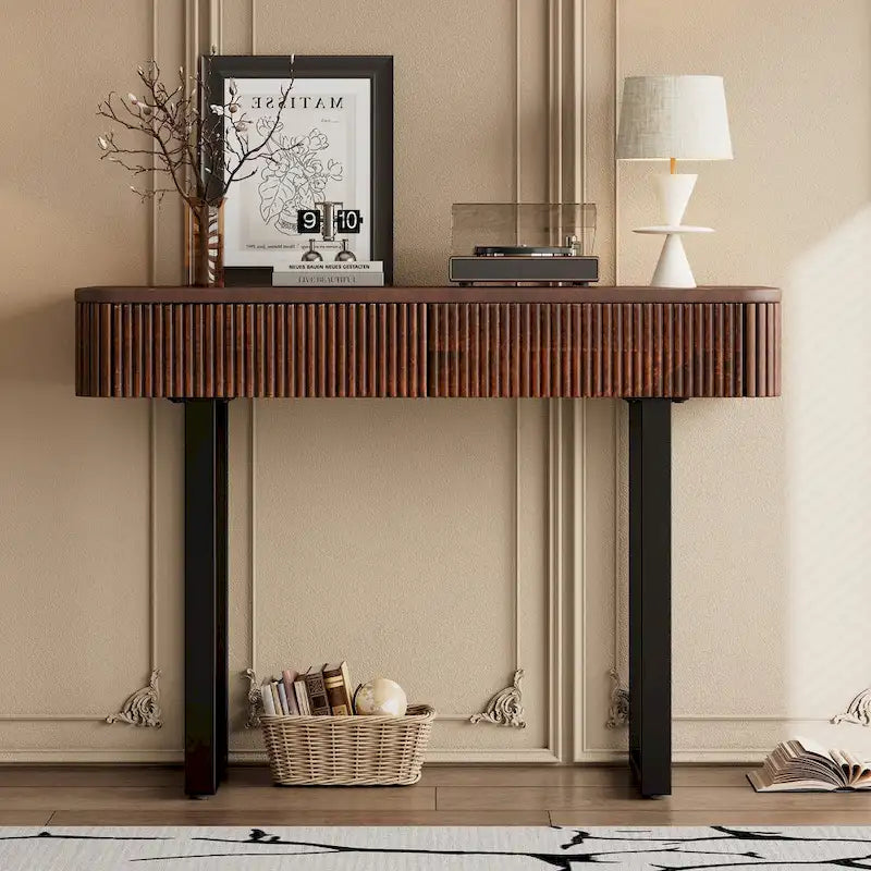 Solid Wood Entryway Table with Fluted Design,Honey and Black