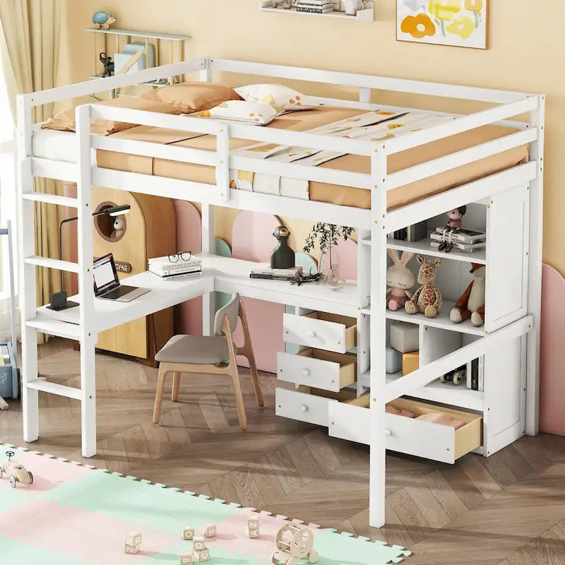 Full Size Wood Loft Bed with L Shaped Desk,Storage Shelves and Drawers