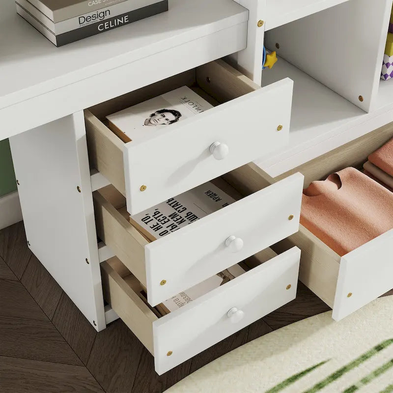 Full Size Wood Loft Bed with L Shaped Desk,Storage Shelves and Drawers