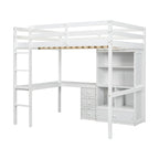 Full Size Wood Loft Bed with L Shaped Desk,Storage Shelves and Drawers