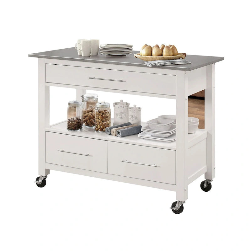 Ottawa Stainless Steel Top & White Finish Kitchen Cart(no include stool)