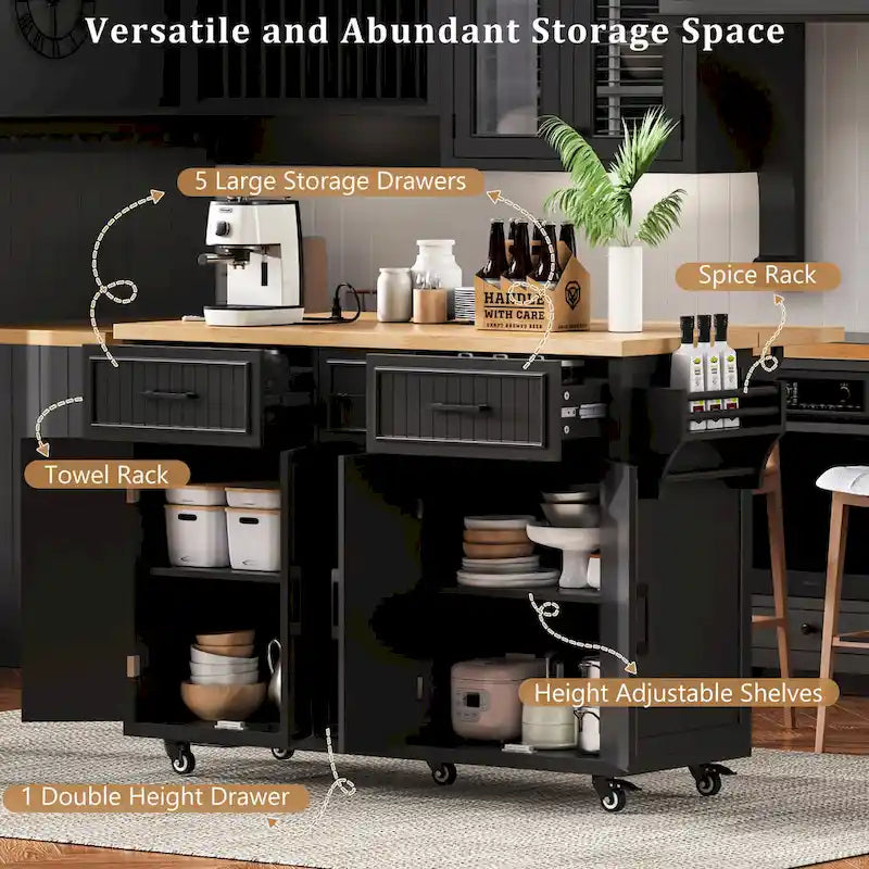 Kitchen Storage Island on Wheels with Drop Leaf & Power Outlet, 56.5 Kitchen Island with 4 Doors , 5 Deep Drawers