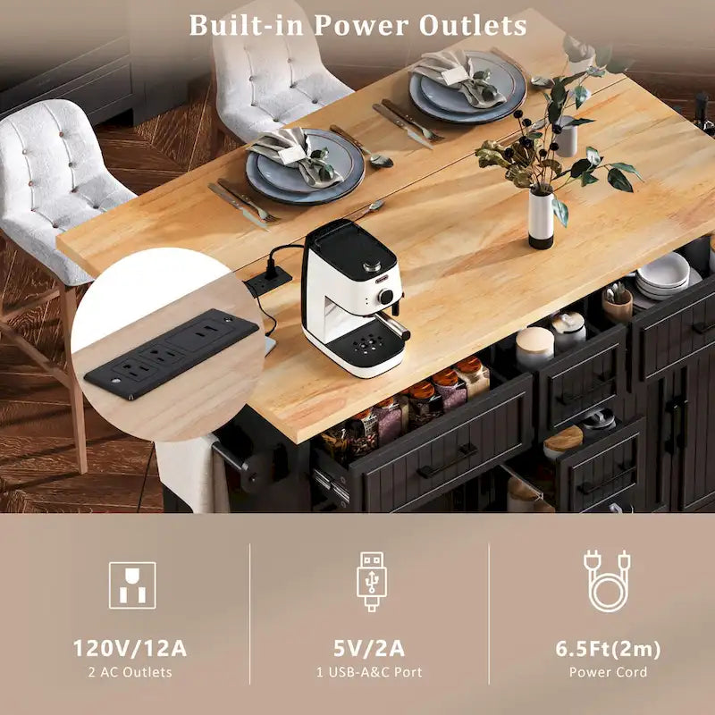 Kitchen Storage Island on Wheels with Drop Leaf & Power Outlet, 56.5 Kitchen Island with 4 Doors , 5 Deep Drawers