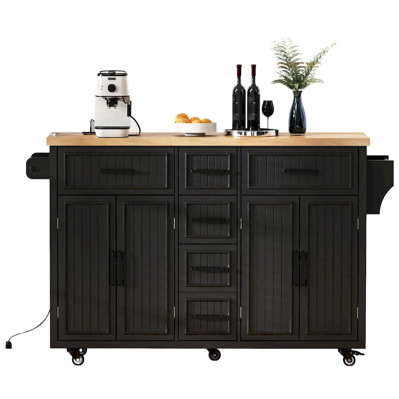 Kitchen Storage Island on Wheels with Drop Leaf & Power Outlet, 56.5 Kitchen Island with 4 Doors , 5 Deep Drawers
