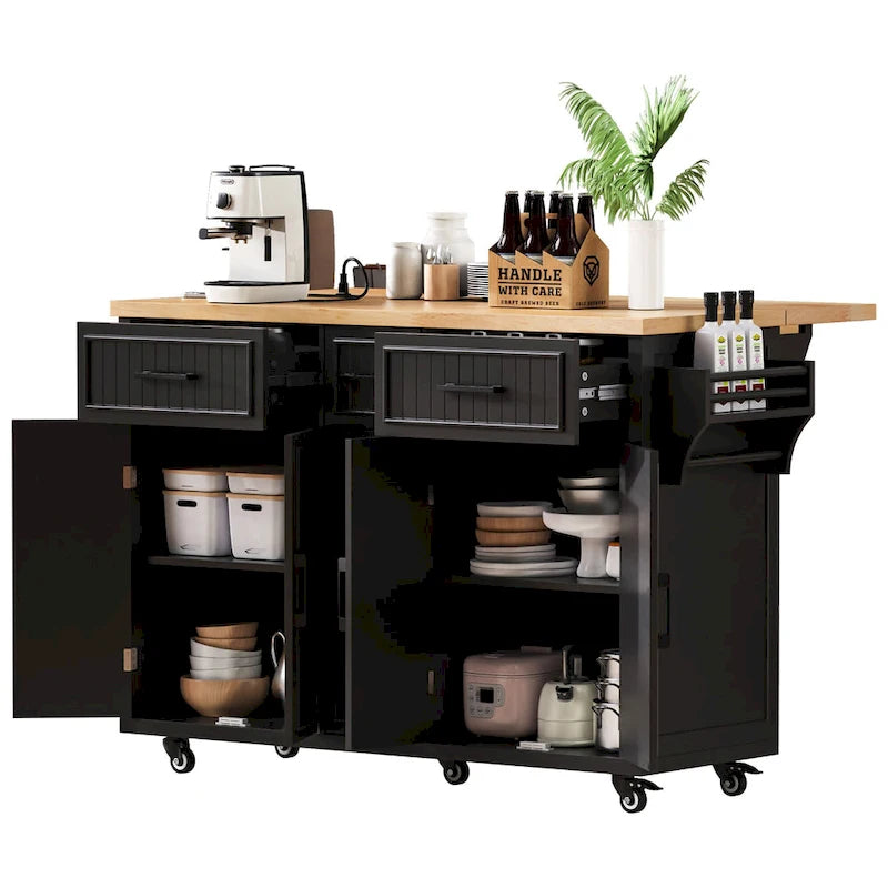 Kitchen Storage Island on Wheels with Drop Leaf & Power Outlet, 56.5 Kitchen Island with 4 Doors , 5 Deep Drawers