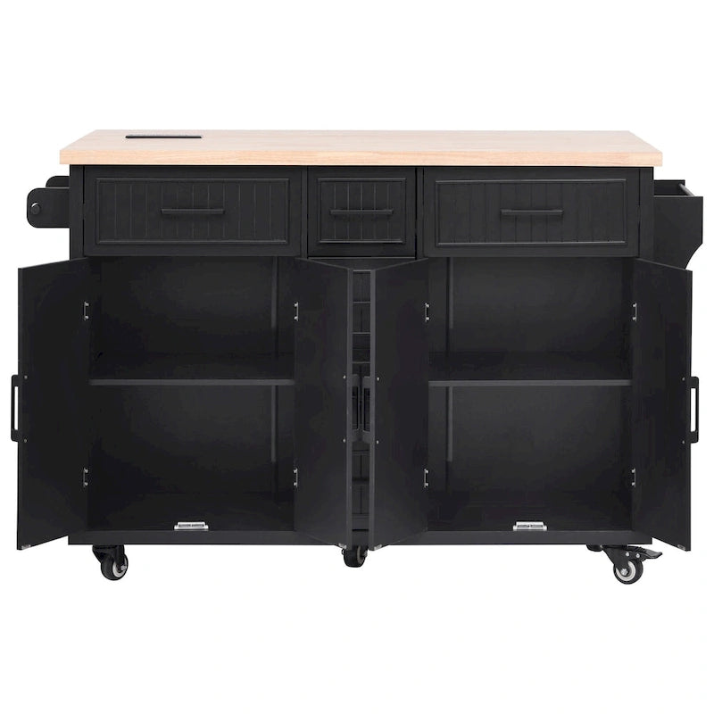 Kitchen Storage Island on Wheels with Drop Leaf & Power Outlet, 56.5 Kitchen Island with 4 Doors , 5 Deep Drawers