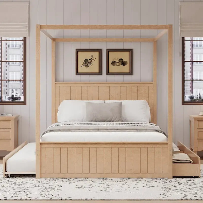 Queen Size Platform Canopy Bed with Trundle Bed and 3 Drawers Storage Bed, 4-post Solid Wood Bed Frame with Wingback Headboard