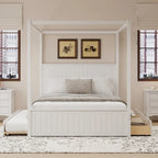 Queen Size Platform Canopy Bed with Trundle Bed and 3 Drawers Storage Bed, 4-post Solid Wood Bed Frame with Wingback Headboard