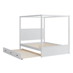 Queen Size Platform Canopy Bed with Trundle Bed and 3 Drawers Storage Bed, 4-post Solid Wood Bed Frame with Wingback Headboard