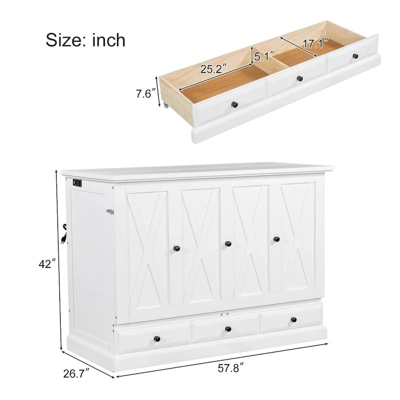 Farmhouse Murphy Bed Convertible Space-Saving Cube Chest Cabinet with Large Drawers and Charging Station, Foldable Platform Bed