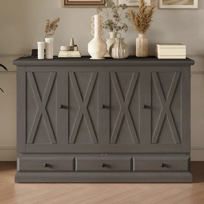 Farmhouse Murphy Bed Convertible Space-Saving Cube Chest Cabinet with Large Drawers and Charging Station, Foldable Platform Bed