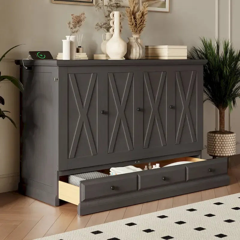 Farmhouse Murphy Bed Convertible Space-Saving Cube Chest Cabinet with Large Drawers and Charging Station, Foldable Platform Bed