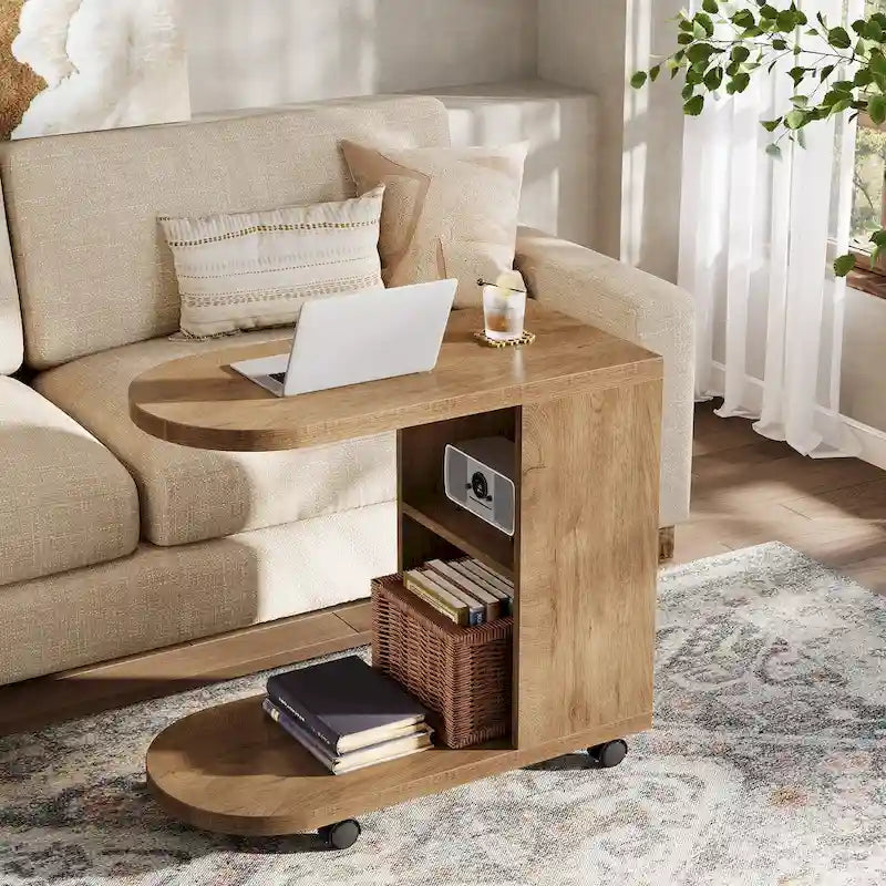 C Shaped Sofa Side Table, Mobile End Table with Storage