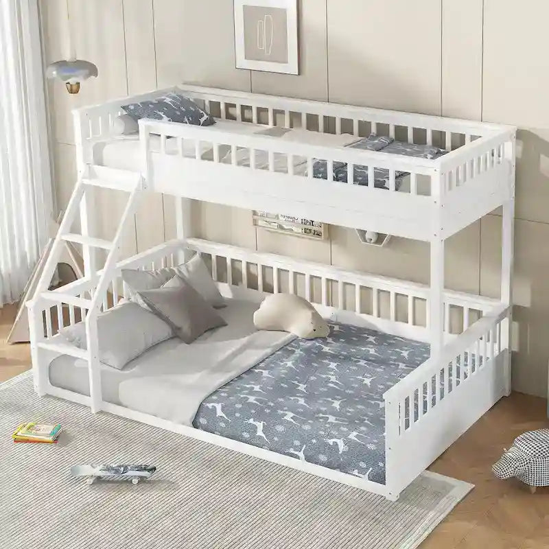 Twin XL over Queen Bunk Bed with Ladder and Guardrails, White