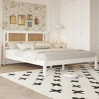 Modern Style Wooden Platform Bed with Natural Rattan Headboard for Bedroom