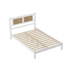 Modern Style Wooden Platform Bed with Natural Rattan Headboard for Bedroom