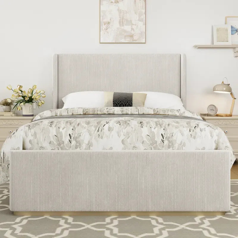 King Size Corduroy Upholstered Bed with 47 Wingback Headboard with Metal/Wood Frame (No Box Spring Needed)