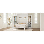 Queen Size Wood Murphy Bed with Two Wardrobe and Storage Shelf, Multifunctional Foldable Platform Bedframe