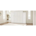 Queen Size Wood Murphy Bed with Two Wardrobe and Storage Shelf, Multifunctional Foldable Platform Bedframe
