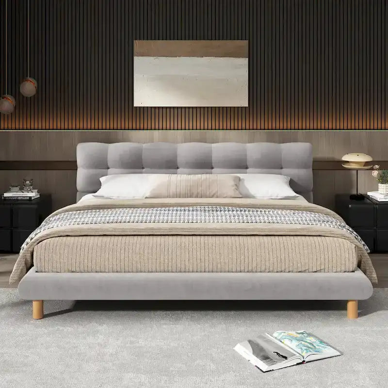 King Size Upholstered Platform with Cookie-Shaped Headboard 12 Slat Support