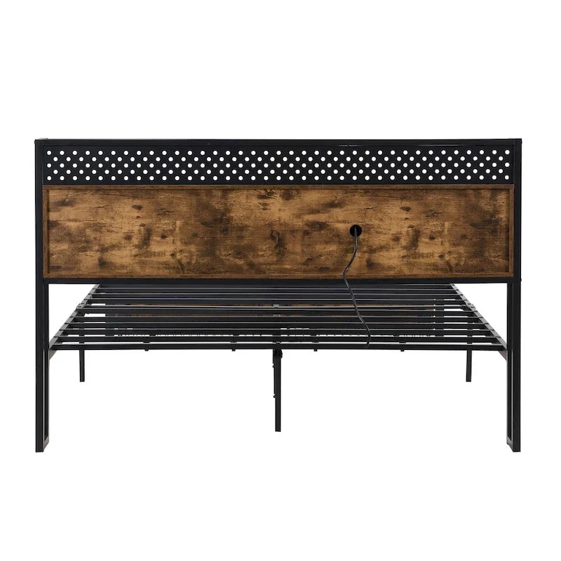 King Size Modern Metal Platform Bed with Wooden Headboard,2 Drawers and LED Lights