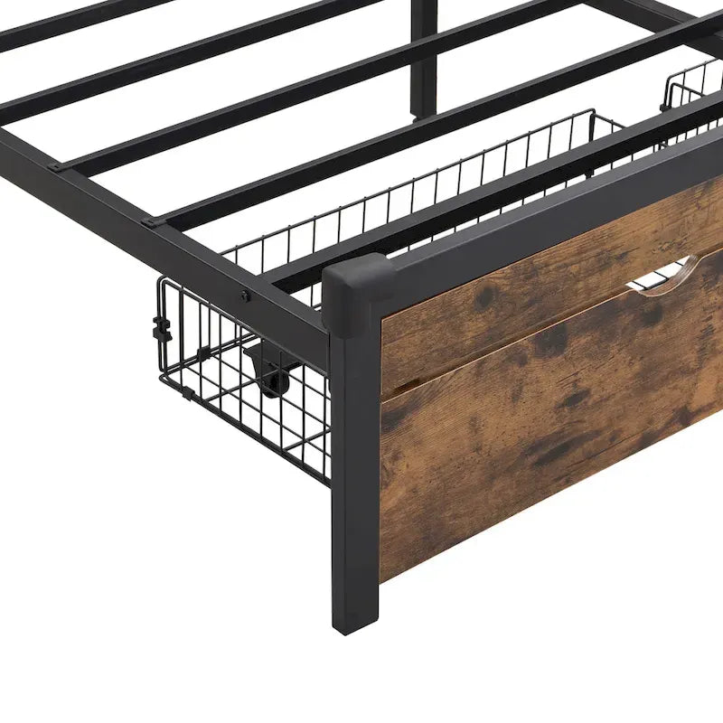 King Size Modern Metal Platform Bed with Wooden Headboard,2 Drawers and LED Lights