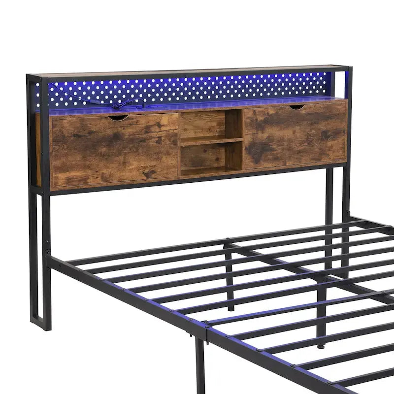 King Size Modern Metal Platform Bed with Wooden Headboard,2 Drawers and LED Lights