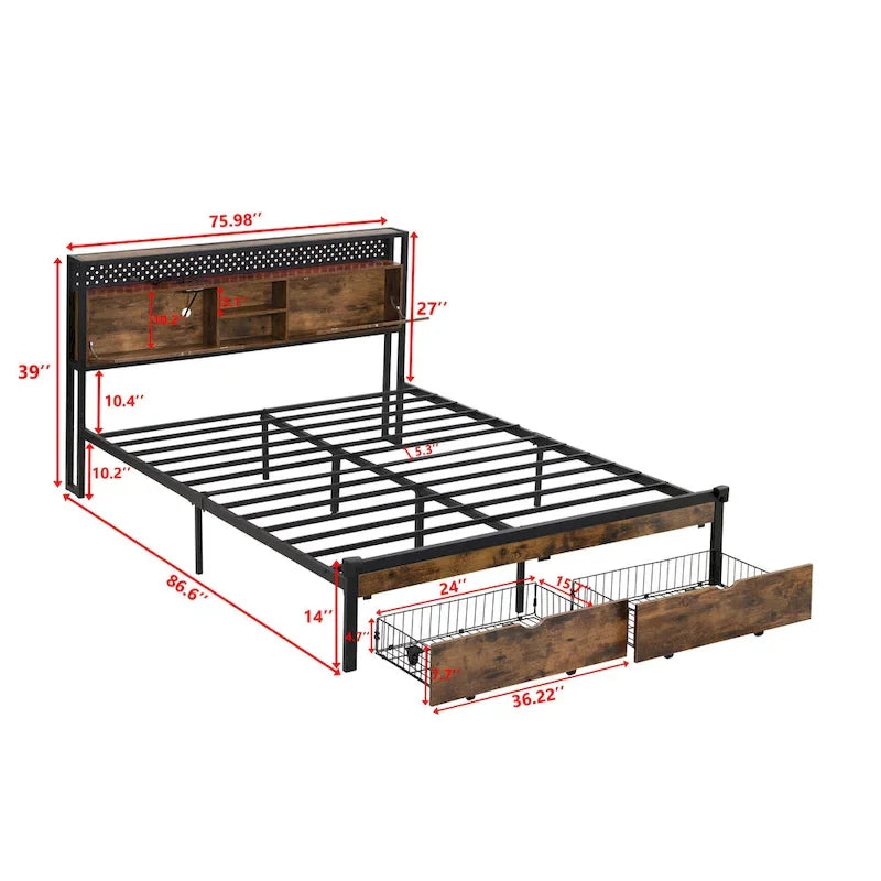 King Size Modern Metal Platform Bed with Wooden Headboard,2 Drawers and LED Lights
