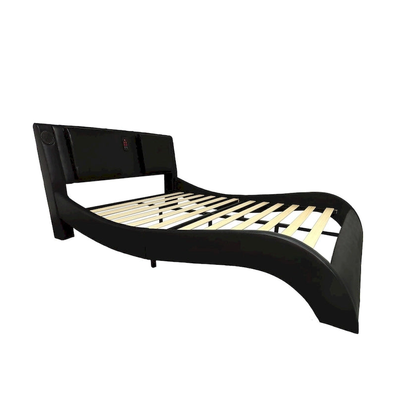 Queen Size Faux Leather Upholstered Platform Bed with LED Lighting and Wood Slat Support