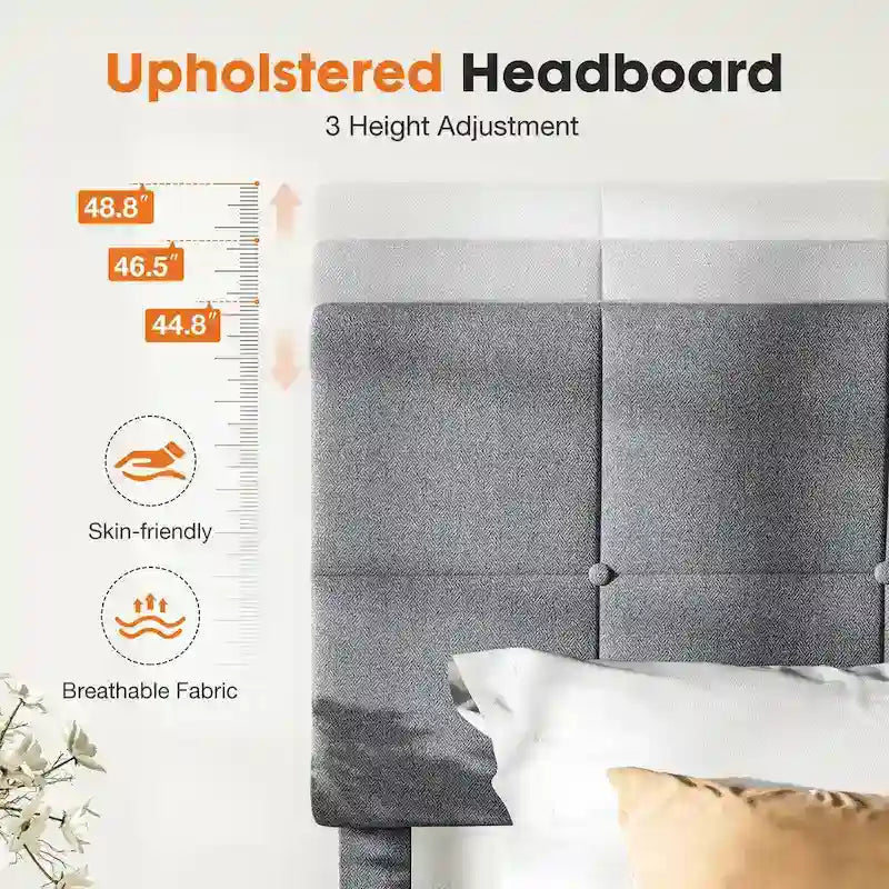 Linen Upholstered Platform Bed with Adjustable Headboard
